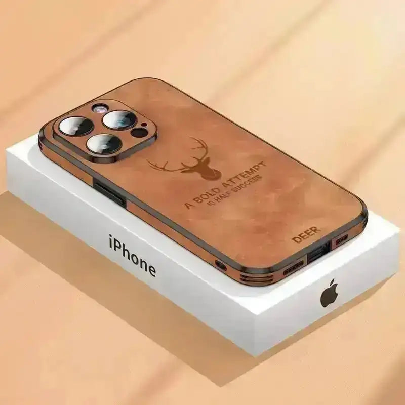Luxury Deer Leather Phone Case For iPhone 14 13 12 Pro Max Lens Glass Bumper Shockproof Silicone Cellphone Cover Fundas Coque Hurtlockers