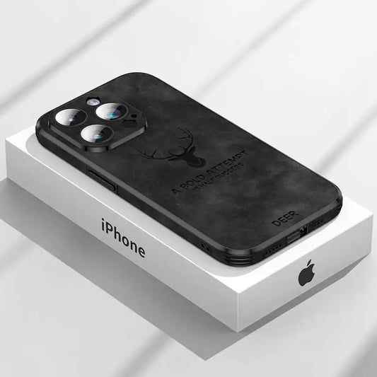 Luxury Deer Leather Phone Case For iPhone 14 13 12 Pro Max Lens Glass Bumper Shockproof Silicone Cellphone Cover Fundas Coque Hurtlockers